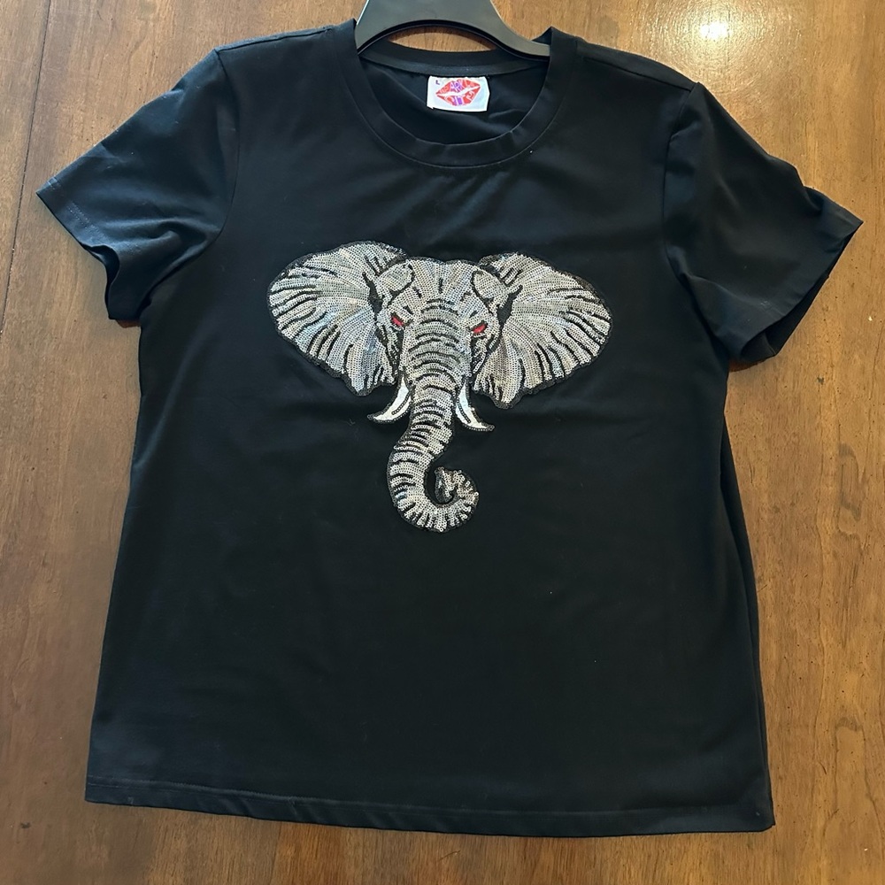 Sparkle City Black Elephant Sequin Game Day T-Shirt W Size L